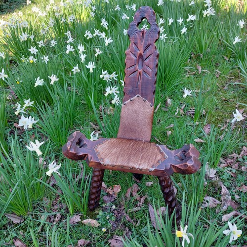 Brutalist tripod chair carved - chair,,